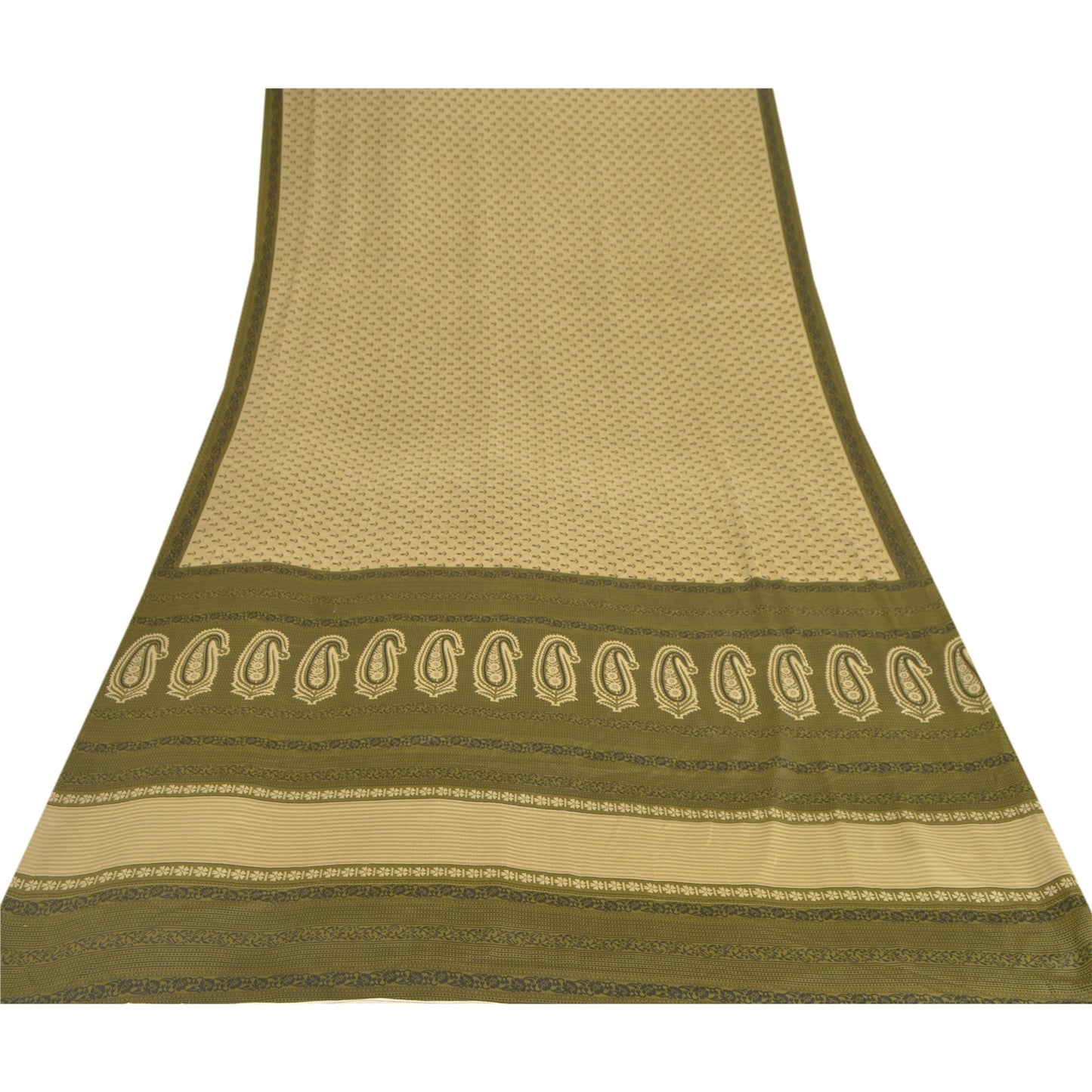 Sanskriti Vintage Green Indian Sarees Moss Crepe Printed Sari 5YD Craft Sustainable Fabric