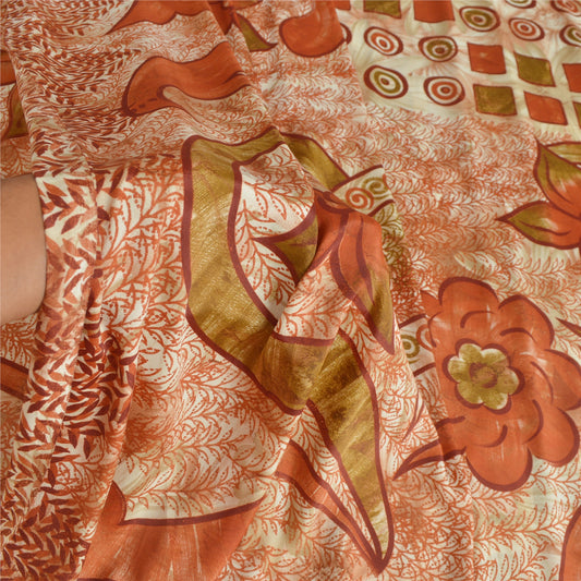 Sanskriti Vintage Brown Sarees Art Silk Sustainable Fabric Craft Printed Sewing Soft Sari