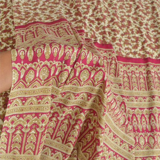 Sanskriti Vintage Cream Sarees Art Silk Sustainable Fabric Craft Printed Sewing Soft Sari
