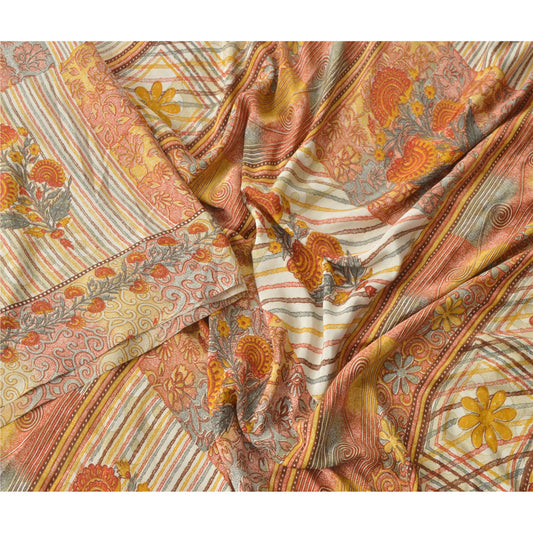 Sanskriti Vintage Cream Sarees Art Silk Sustainable Fabric Craft Printed Sewing Soft Sari