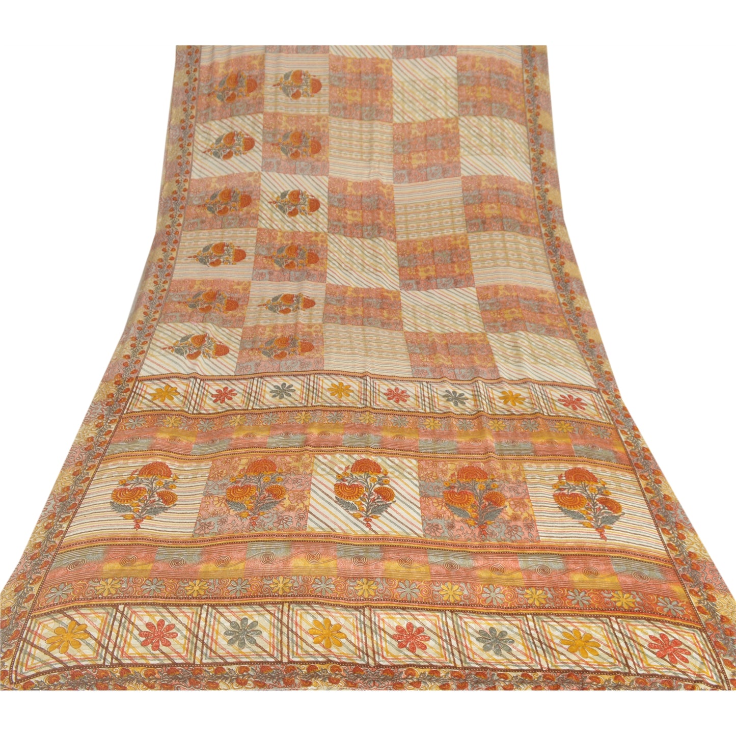 Sanskriti Vintage Cream Sarees Art Silk Sustainable Fabric Craft Printed Sewing Soft Sari