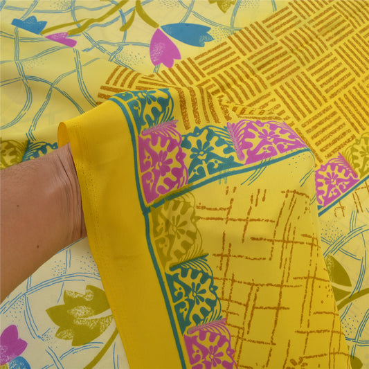 Sanskriti Vintage Yellow Sarees Art Silk Sustainable Fabric Craft Printed Sewing Soft Sari