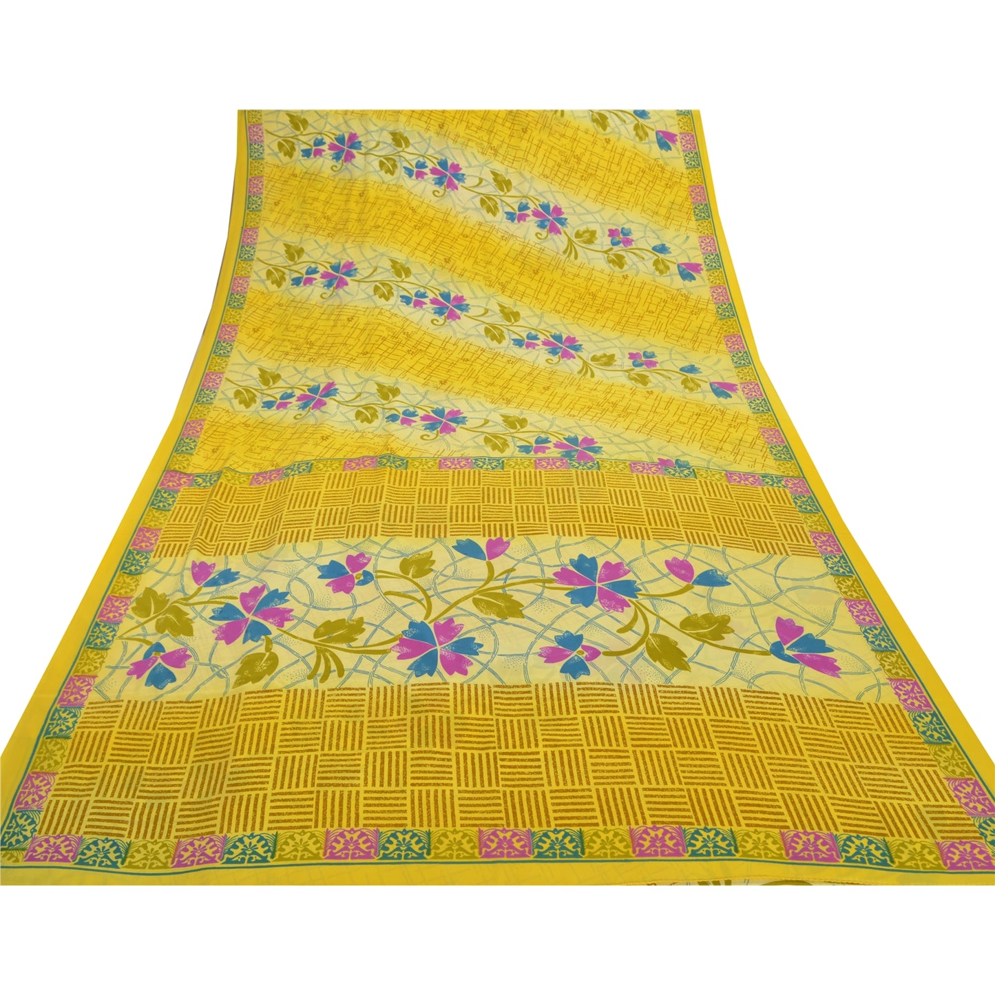 Sanskriti Vintage Yellow Sarees Art Silk Sustainable Fabric Craft Printed Sewing Soft Sari