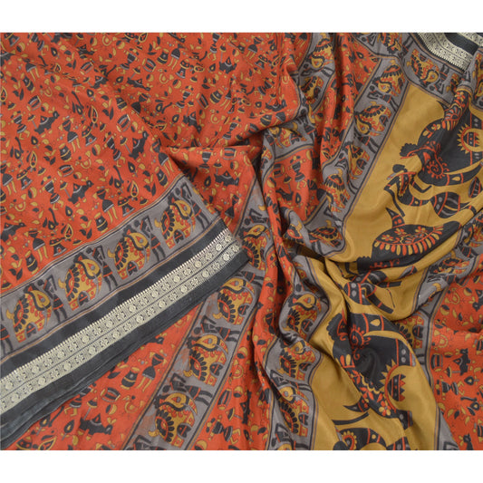 Sanskriti Vintage Orange Indian Sarees Art Silk Sustainable Fabric Craft Warli Printed Sari