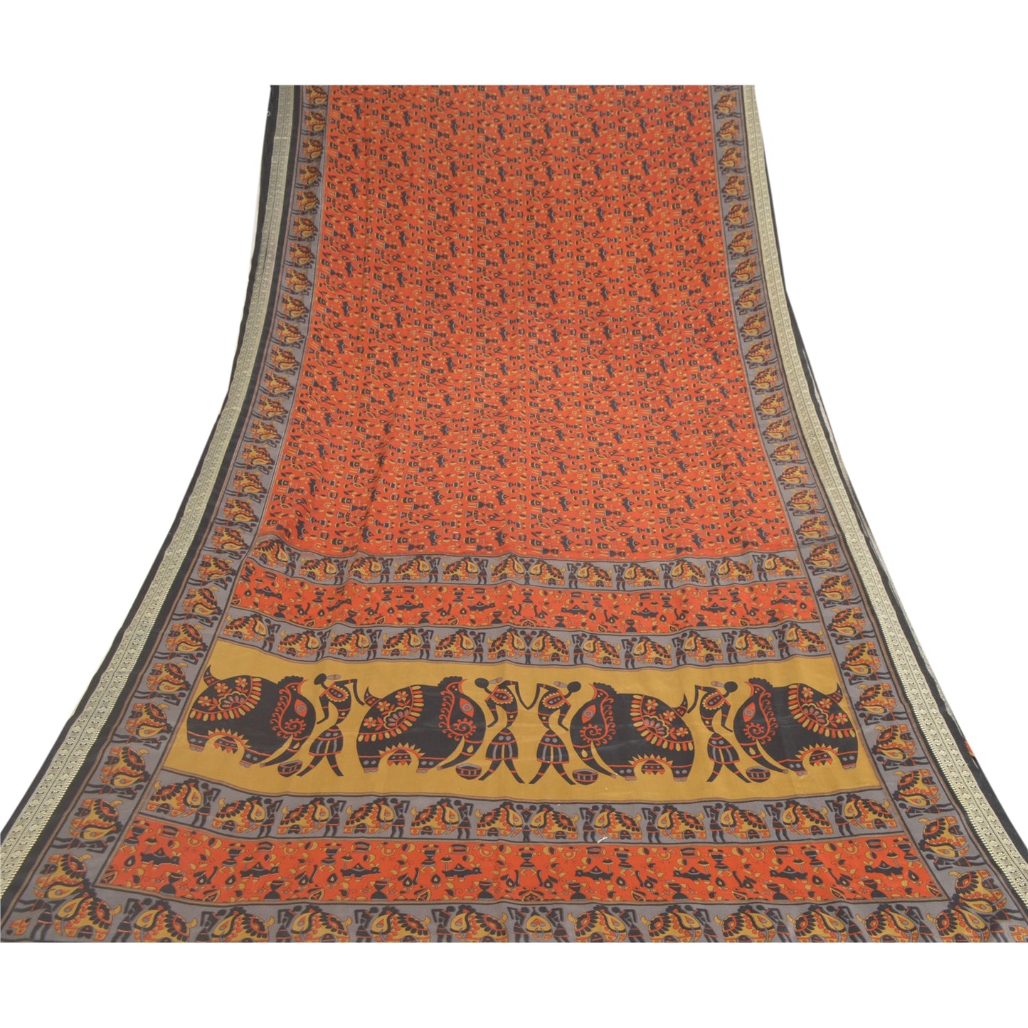 Sanskriti Vintage Orange Indian Sarees Art Silk Sustainable Fabric Craft Warli Printed Sari