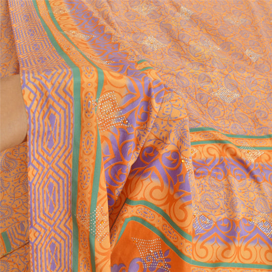Sanskriti Vintage Orange Sarees Art Silk Sustainable Fabric Craft Printed Sewing 5 Yard Sari