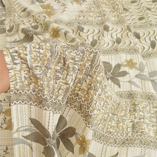 Sanskriti Vintage Cream Sarees Art Silk Sustainable Fabric Craft Printed Sewing 5 Yard Sari