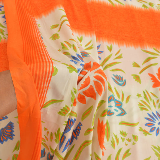 Sanskriti Vintage Cream Indian Sarees Moss Crepe Printed Sari 5YD Sewing Sustainable Fabric