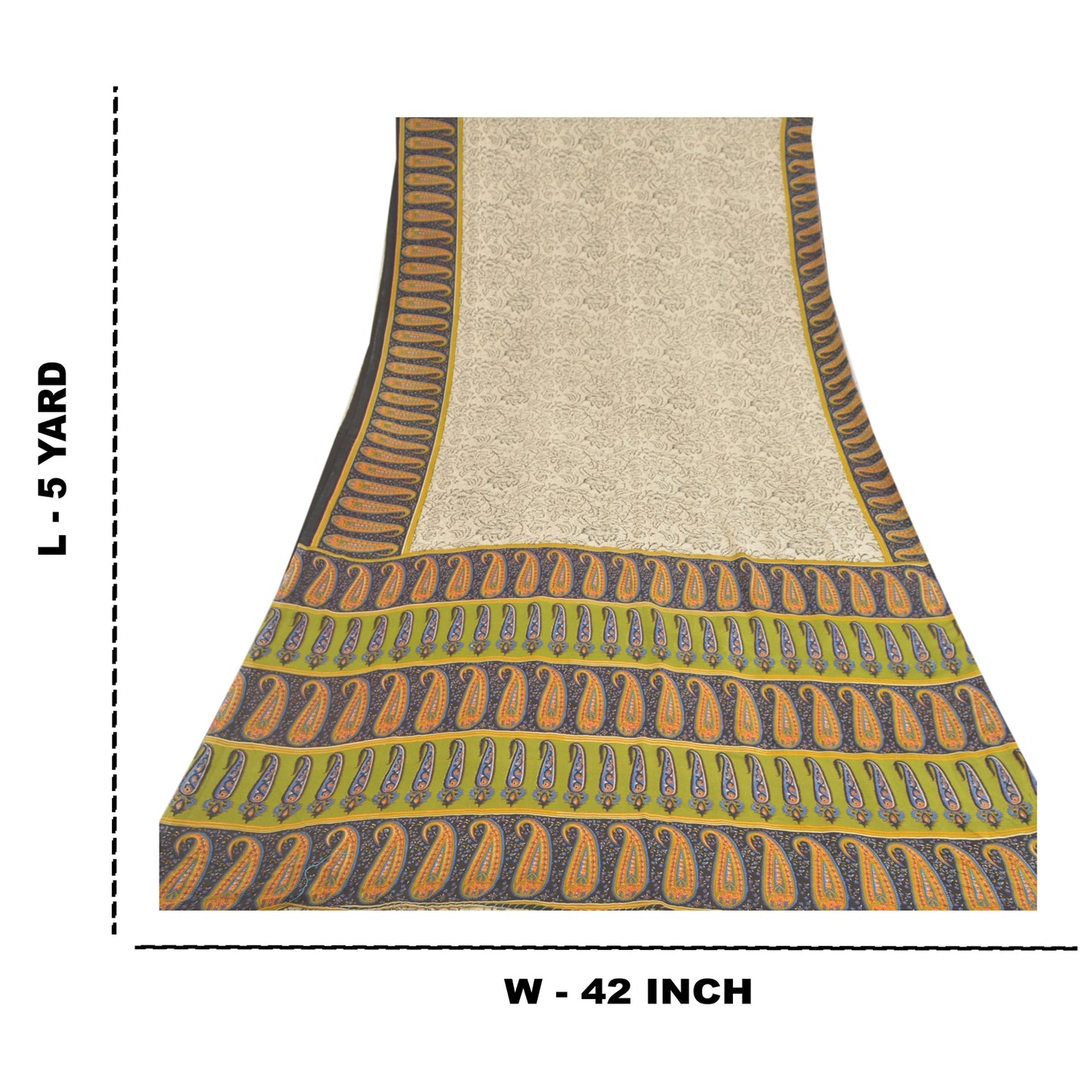 Sanskriti Vintage Cream Indian Sarees Moss Crepe Printed Sari 5YD Craft Sustainable Fabric