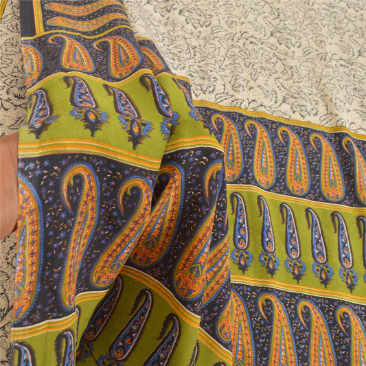 Sanskriti Vintage Cream Indian Sarees Moss Crepe Printed Sari 5YD Craft Sustainable Fabric