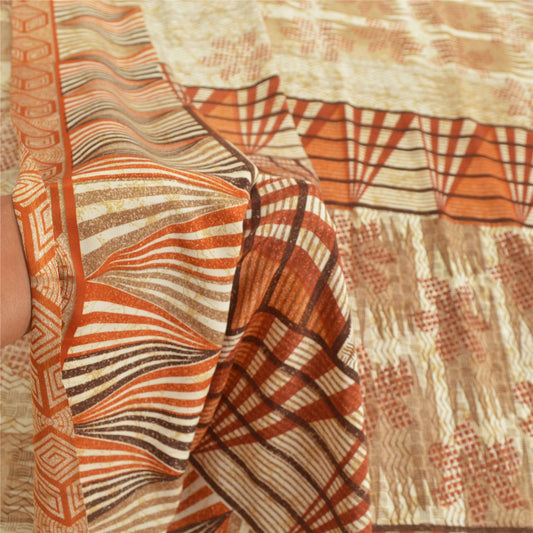 Sanskriti Vintage Cream Indian Sarees Moss Crepe Printed Sari 5YD Craft Sustainable Fabric