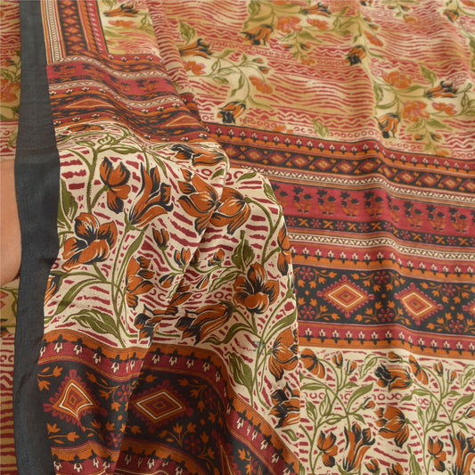 Sanskriti Vintage Dark Red Sarees Moss Crepe Printed Sari Floral Craft Sustainable Fabric