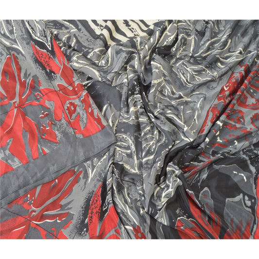 Sanskriti Vintage Gray Indian Sarees Moss Crepe Printed Sari Decor Craft Sustainable Fabric