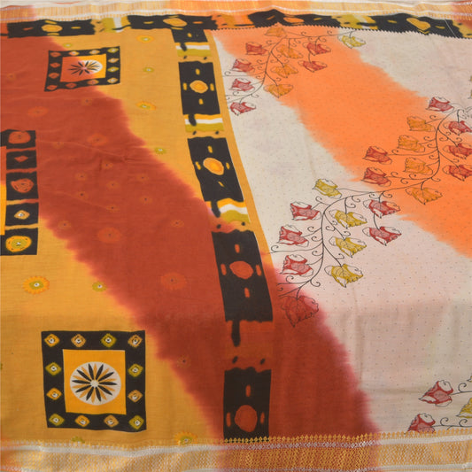 Sanskriti Vintage Sarees Ivory Printed 100% Pure Cotton Sari 5yd Craft Sustainable Fabric