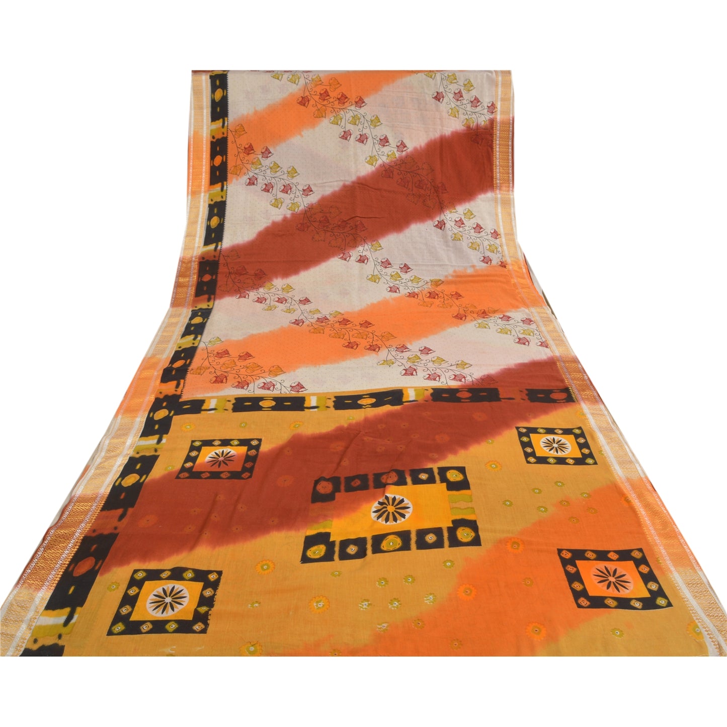 Sanskriti Vintage Sarees Ivory Printed 100% Pure Cotton Sari 5yd Craft Sustainable Fabric