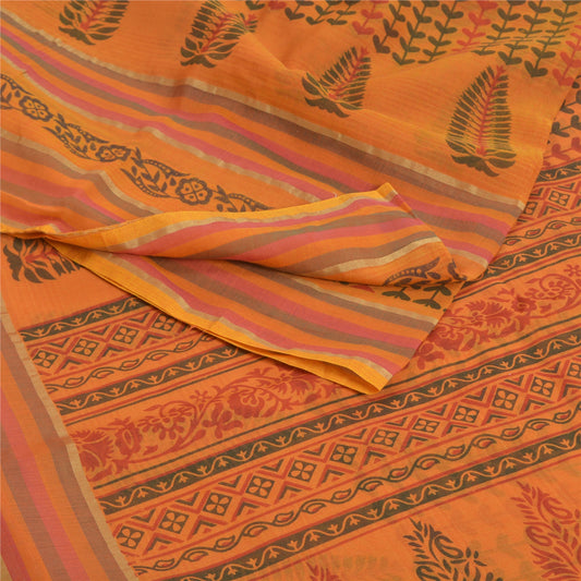 Sanskriti Vintage Sarees Block Printed Indian Saffron Cotton Sari Craft Sustainable Fabric