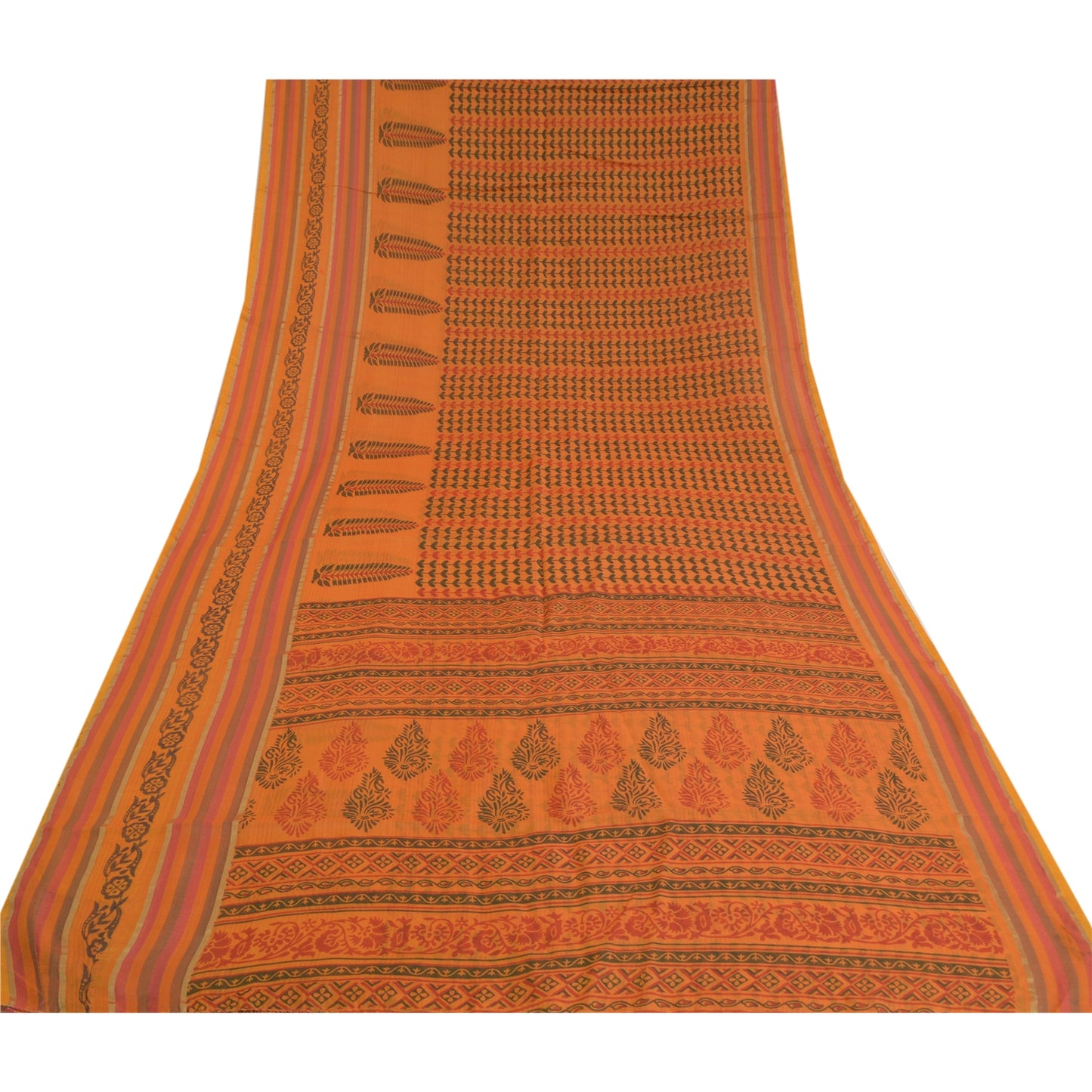 Sanskriti Vintage Sarees Block Printed Indian Saffron Cotton Sari Craft Sustainable Fabric