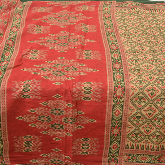 Sanskriti Vintage Sarees Cream Ikat Printed Indian Pure Cotton Sari Craft Sustainable Fabric