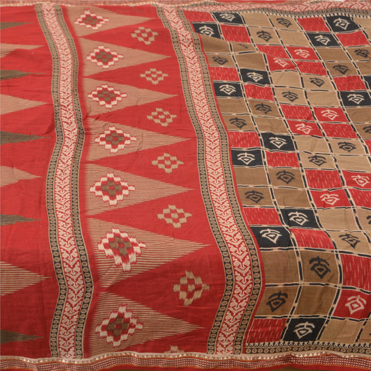 Sanskriti Vintage Sarees Red Ikat Printed Indian Pure Cotton Sari Craft Sustainable Fabric