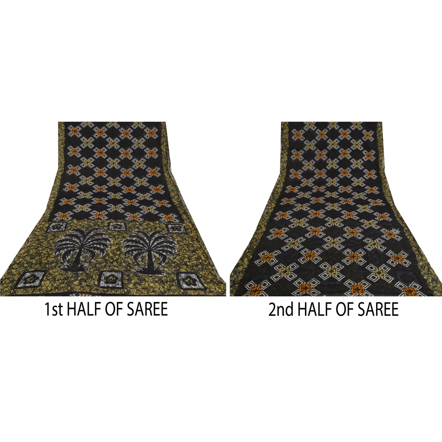 Sanskriti Vintage Black Sarees Pure Cotton Batik Printed Sari Craft 5 YD Sustainable Fabric