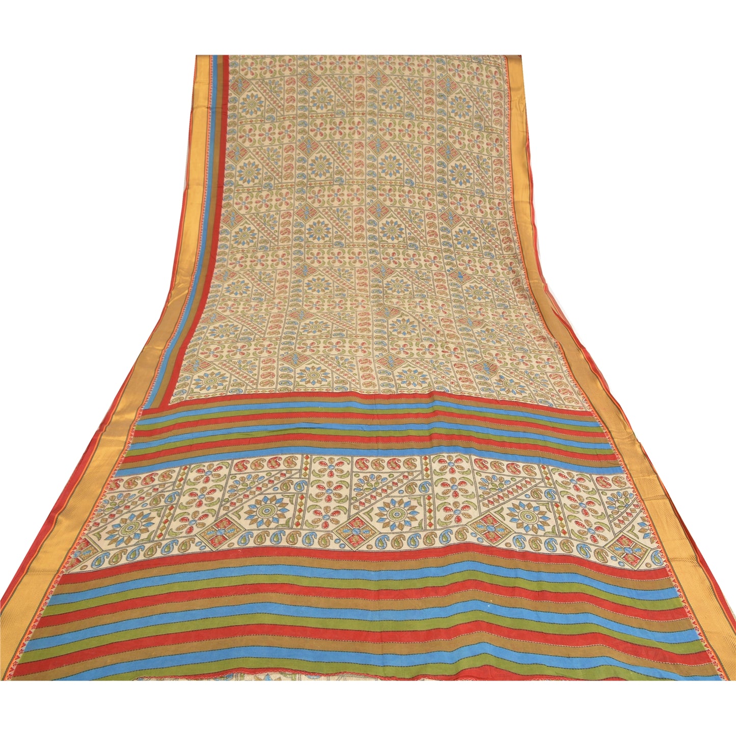 Sanskriti Vintage Sarees Cream Kantha Printed Pure Cotton Sari Soft Craft Sustainable Fabric