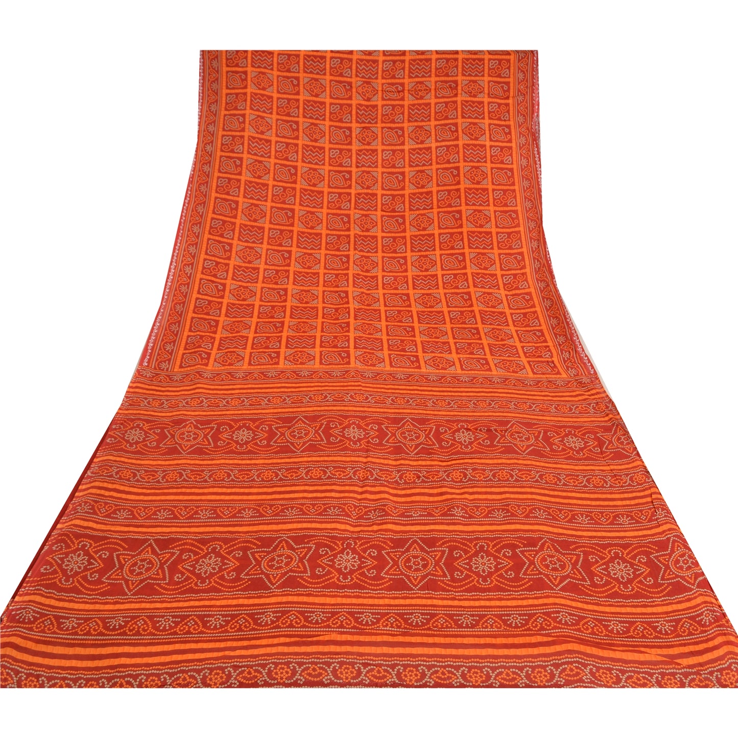 Sanskriti Vintage Sarees Red Bandhani Printed Pure Cotton Sari Soft Craft Sustainable Fabric