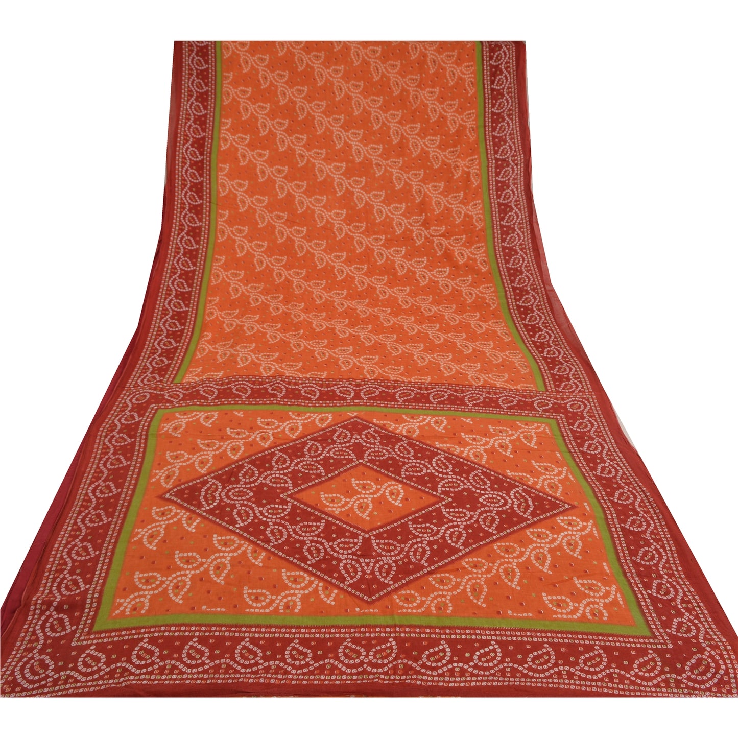 Sanskriti Vintage Sarees Orange/Red Bandhani Print Pure Cotton Sari Craft Sustainable Fabric