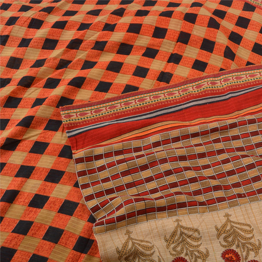Sanskriti Vintage Sarees Cream/Red Pure Cotton Printed Sari Floral Craft Sustainable Fabric