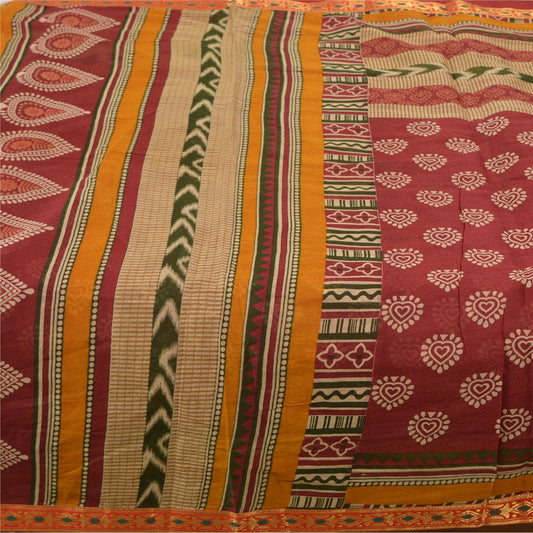 Sanskriti Vintage Sarees Dark Red Block Printed Pure Cotton Sari Craft Sustainable Fabric