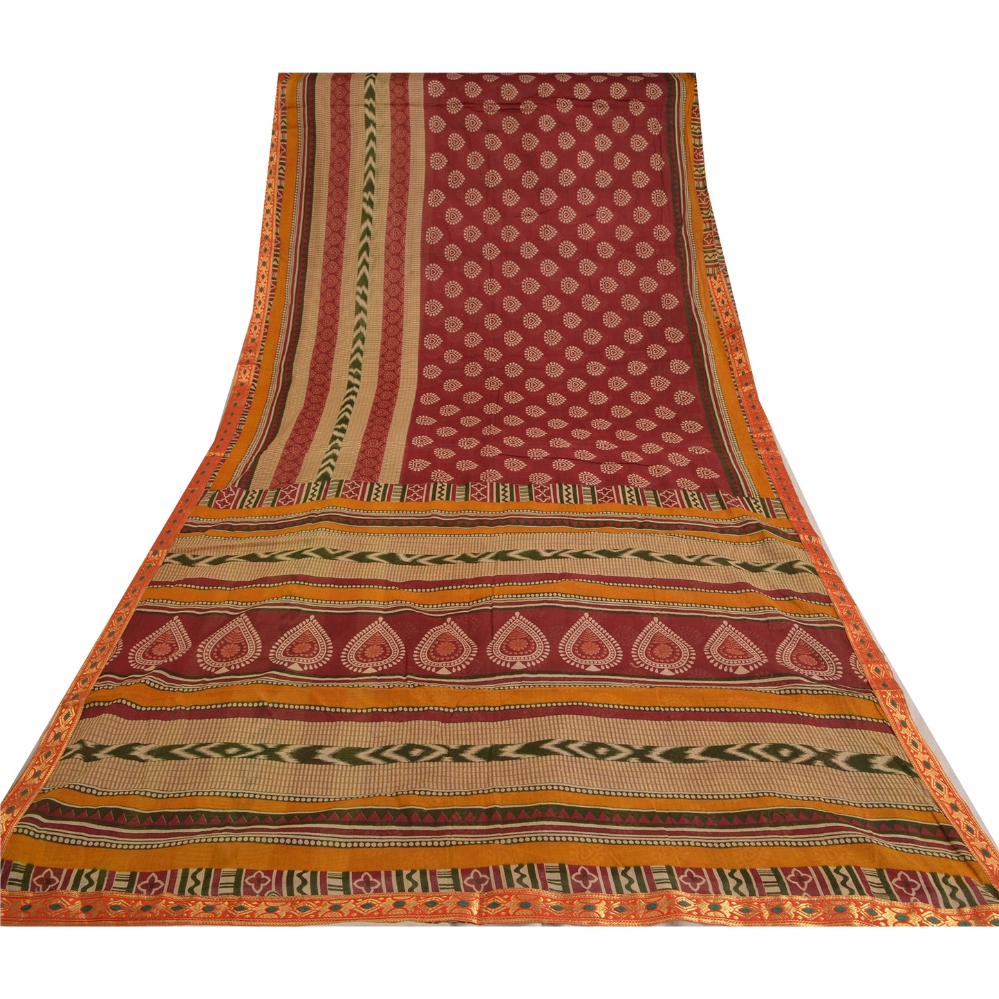 Sanskriti Vintage Sarees Dark Red Block Printed Pure Cotton Sari Craft Sustainable Fabric