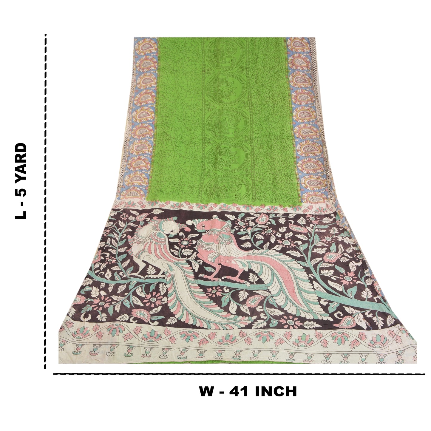 Sanskriti Vintage Sarees Green Handmade Kalamkari Pure Cotton Sari Craft Sustainable Fabric