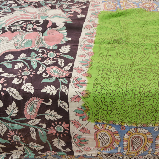 Sanskriti Vintage Sarees Green Handmade Kalamkari Pure Cotton Sari Craft Sustainable Fabric