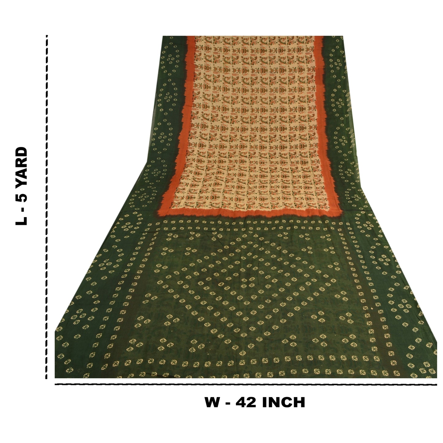 Sanskriti Vintage Sarees Green/Cream Pure Cotton Bandhani Printed Sari Sustainable Fabric