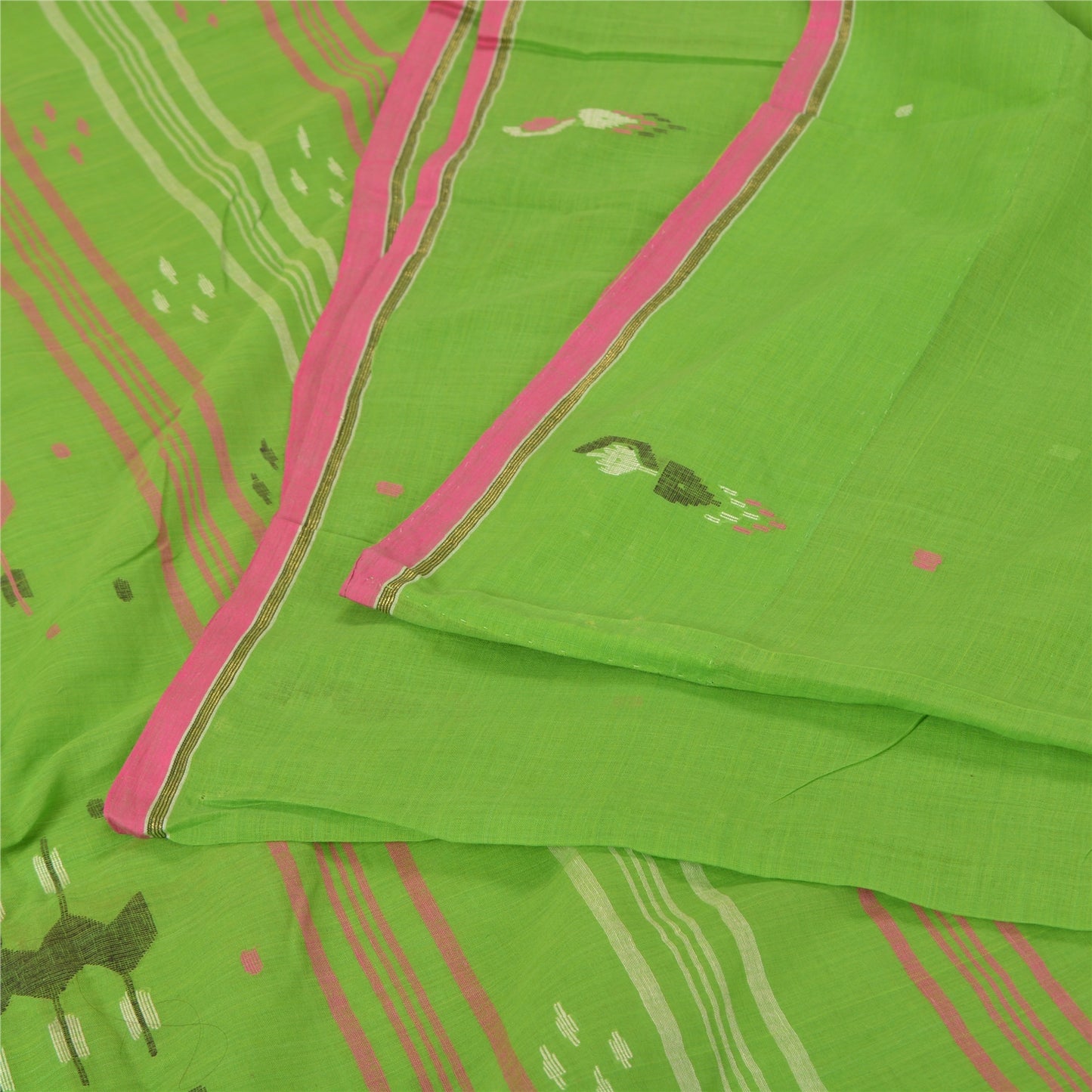 Sanskriti Vintage Sarees Green Tant Hand-Woven Pure Cotton Sari 5yd Craft Sustainable Fabric