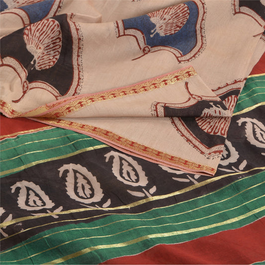 Sanskriti Vintage Sarees Ivory Hand-Block Print Pure Chanderi Cotton Sari Sustainable Fabric
