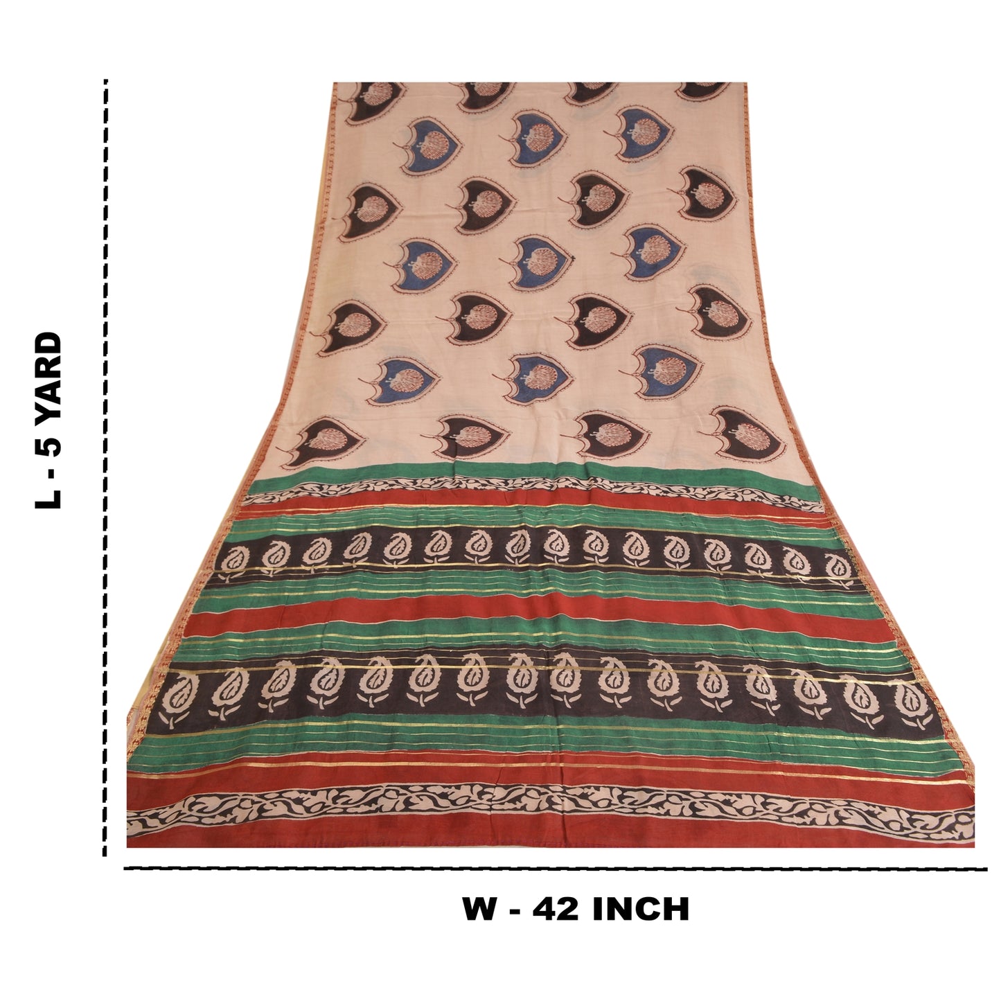 Sanskriti Vintage Sarees Ivory Hand-Block Print Pure Chanderi Cotton Sari Sustainable Fabric