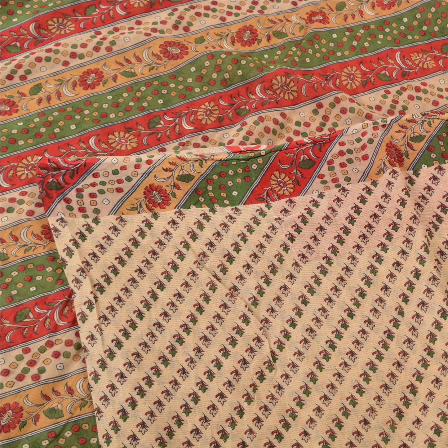 Sanskriti Vintage Sarees Indian Cream Printed Pure Cotton Sari 5yd Craft Sustainable Fabric