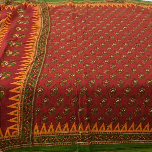 Sanskriti Vintage Sarees Dark Red 100% Pure Cotton Printed Sari 5yd Craft Sustainable Fabric