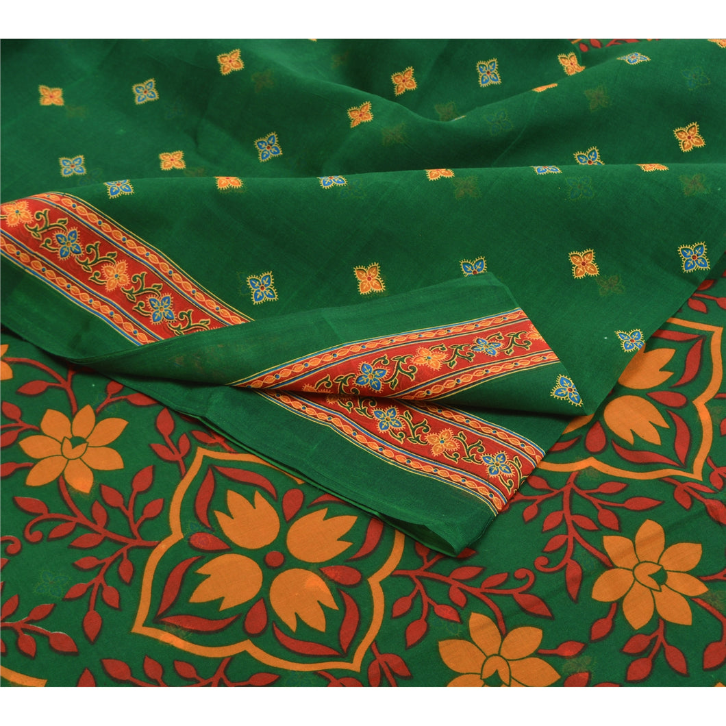 Sanskriti Vintage Sarees Indian Green Printed Cotton Sari Floral Craft Fabric