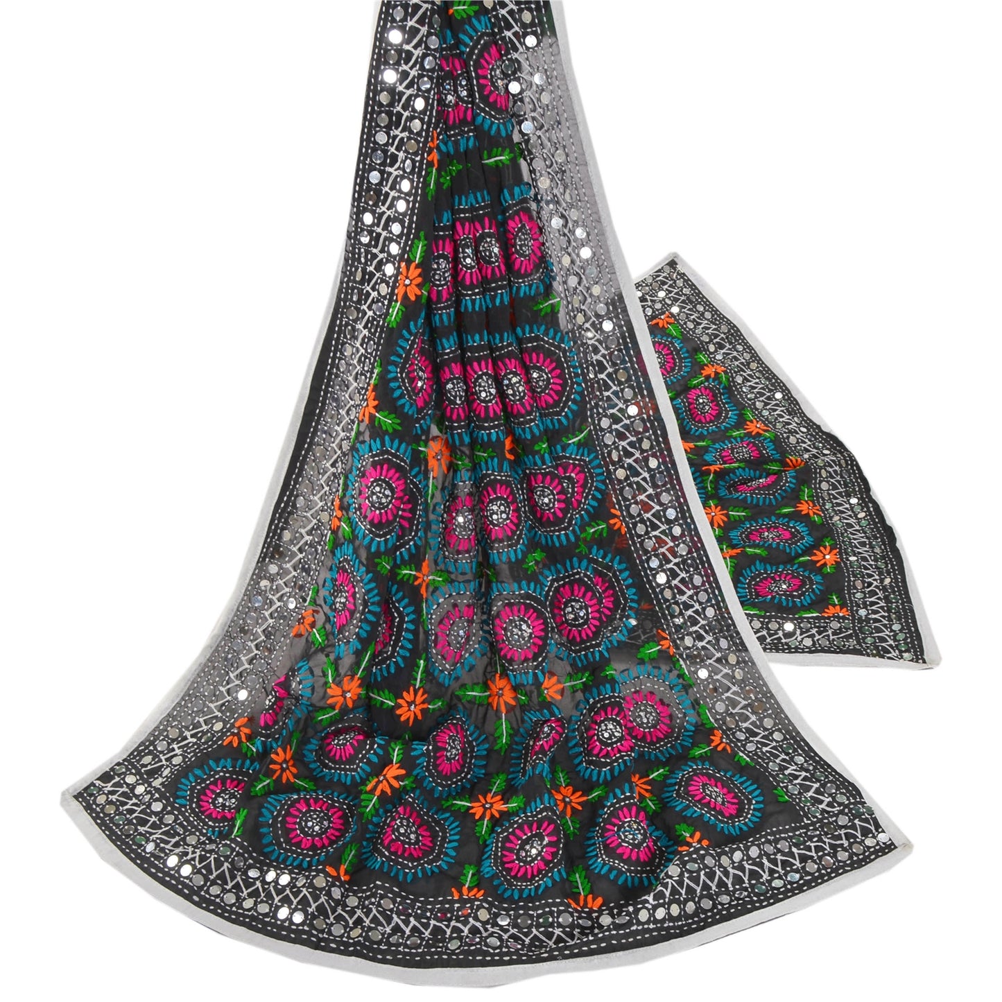 Sanskriti Vintage Black Heavy Dupatta Georgette Hand Embroidered Phulkari OOAK Stole