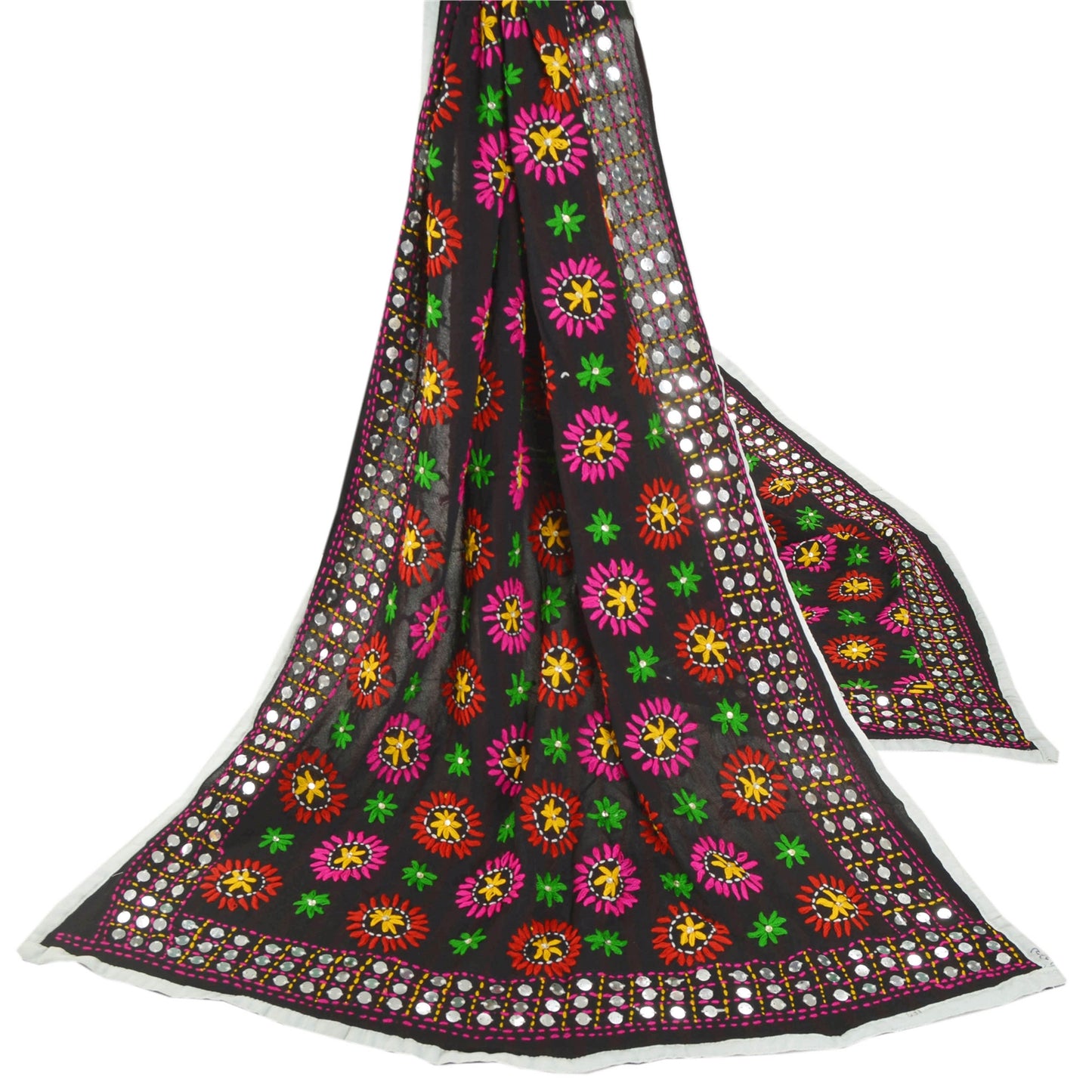 Sanskriti Vintage Balck Heavy Dupatta Georgette Handmade Traditional Phulkari OOAK Stole