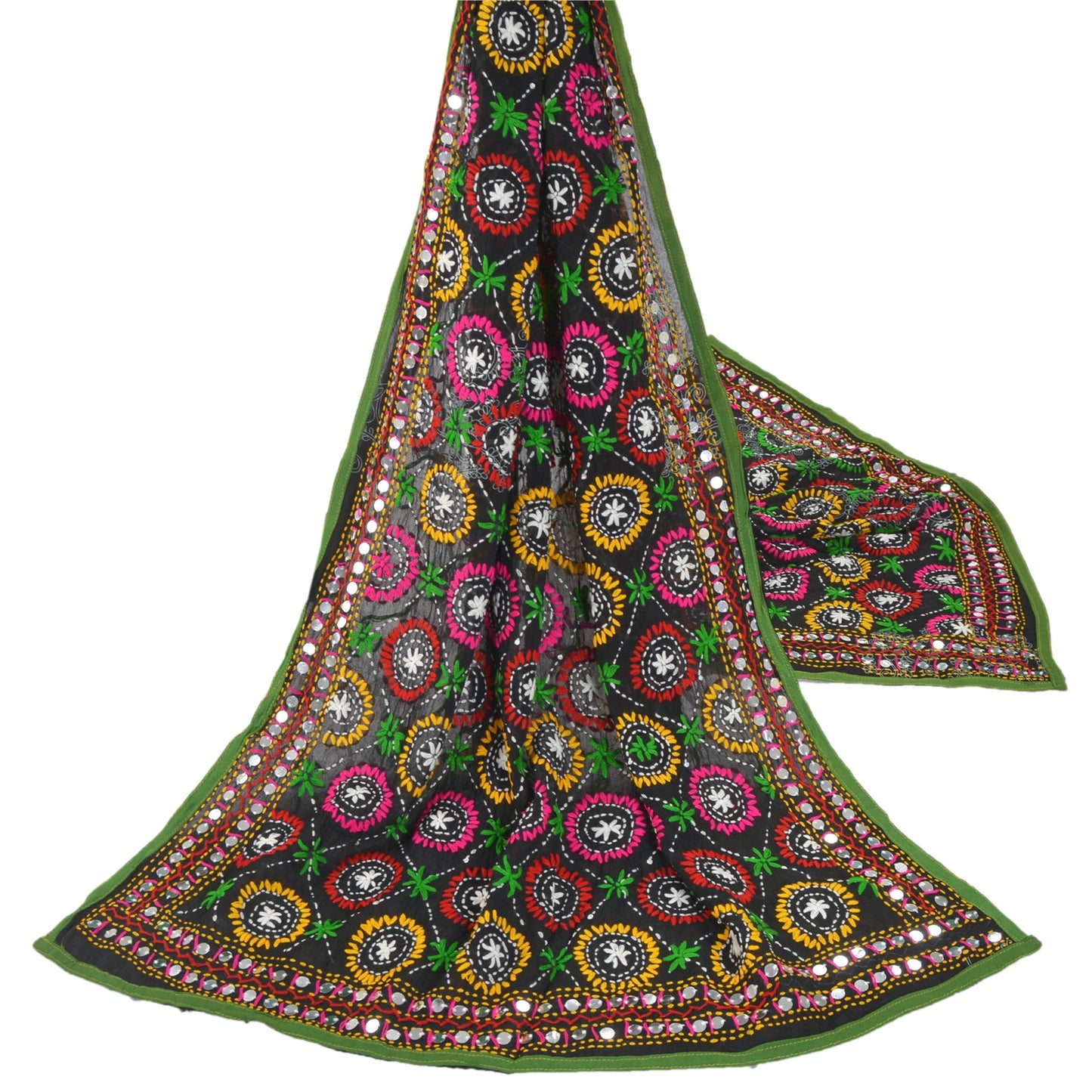 Sanskriti Vintage Black Heavy Dupatta Georgette Hand Embroidered Phulkari OOAK Stole