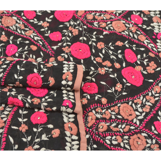 Sanskriti Vintage Black Heavy Dupatta Georgette Hand Embroidered Phulkari OOAK Stole