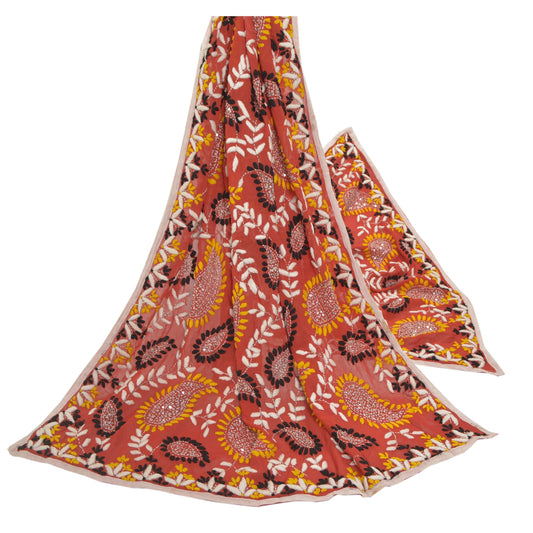 Sanskriti Vintage Red Heavy Dupatta Georgette Hand Embroidered Phulkari OOAK Wrap Stole
