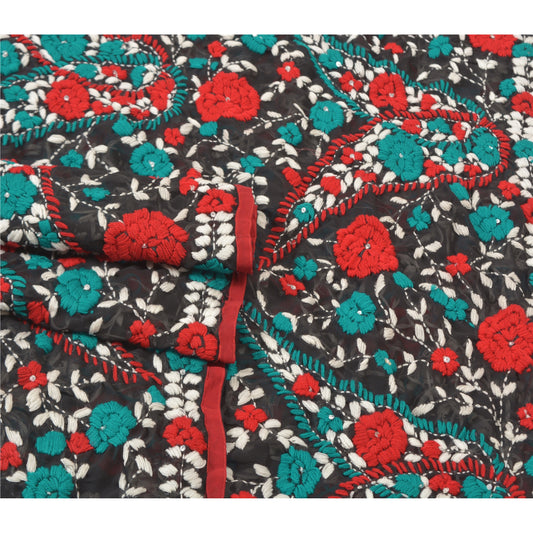 Sanskriti Vintage Black Heavy Dupatta Georgette Handmade Traditional Phulkari OOAK Stole