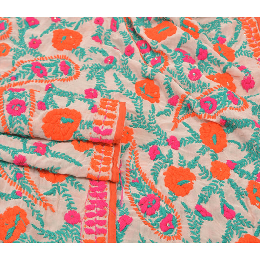 Sanskriti Vintage White Heavy Dupatta Georgette Handmade Traditional Phulkari OOAK Stole