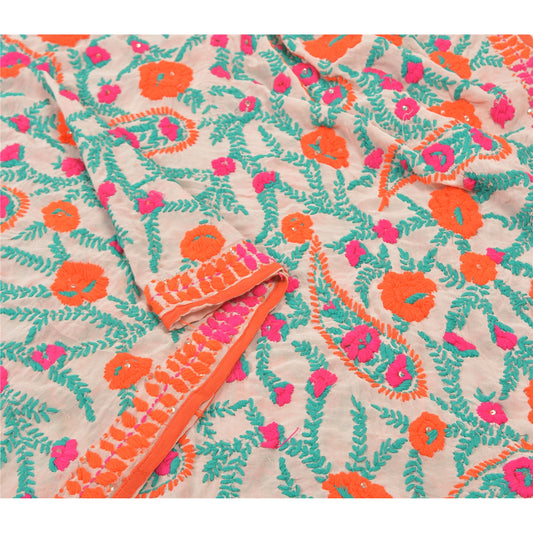 Sanskriti Vintage White Heavy Dupatta Georgette Handmade Traditional Phulkari OOAK Stole