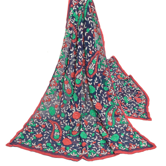 Sanskriti Vintage Blue Heavy Dupatta Georgette Handmade Traditional Phulkari OOAK Stole