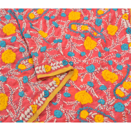 Sanskriti Vintage Peach Heavy Dupatta Georgette Handmade Traditional Phulkari OOAK Stole