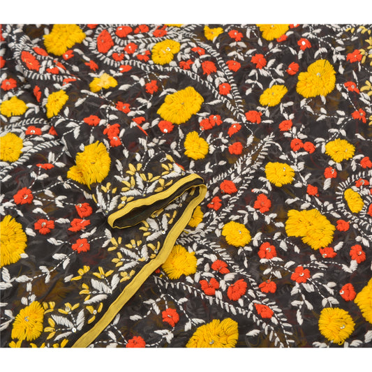 Sanskriti Vintage Black Heavy Dupatta Georgette Handmade Traditional Phulkari OOAK Stole